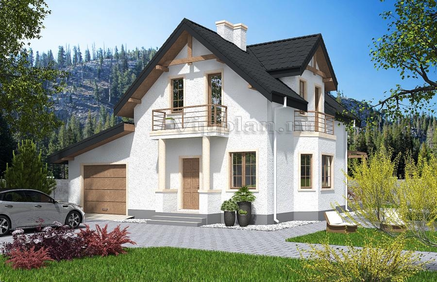 Одноэтажный жилой дом с мансардой, гаражом, террасой и балконами