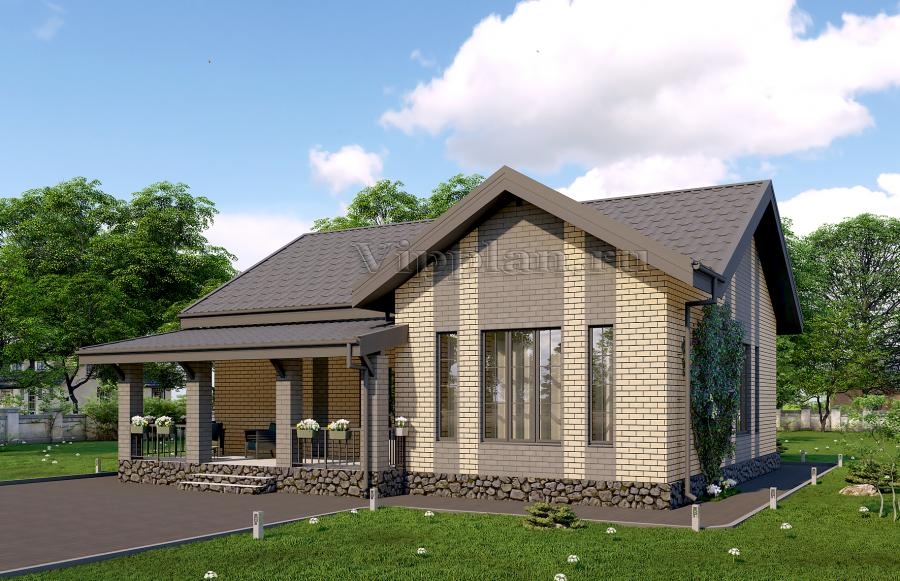 Одноэтажный дом с террасой, 3 спальнями и отделкой облицовочным кирпичом